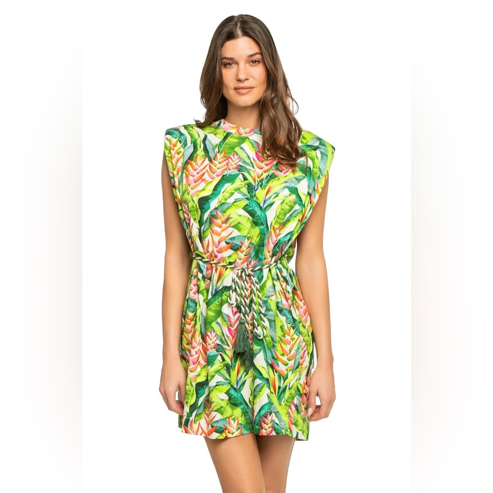 FARM RIO Heli Leaves Organic Cotton T-Shirt Mini Dress - Medium m ✨ New ✨